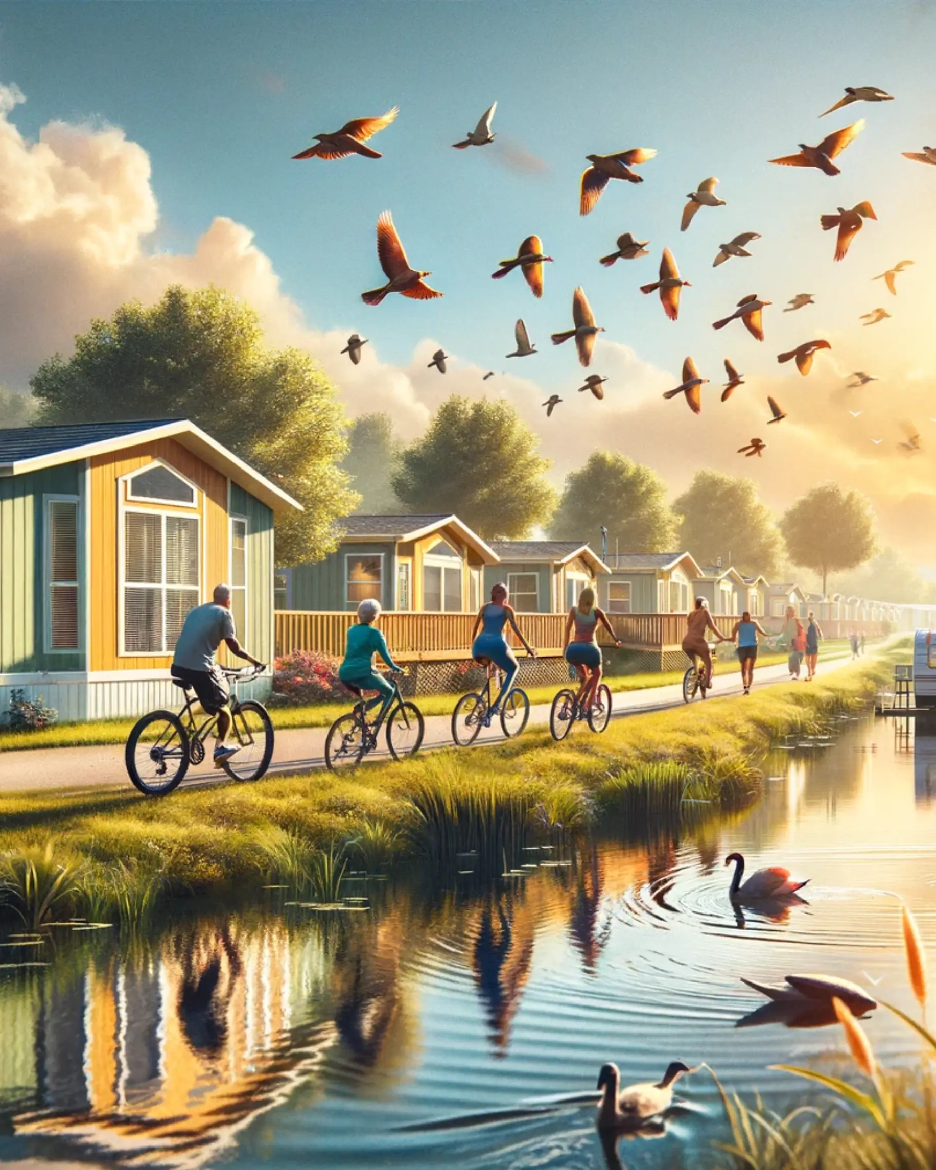 image 4 s4 A serene lakeside community with cyclists on a pathway, colorful homes, birds flying overhead, and swans gliding on the water.